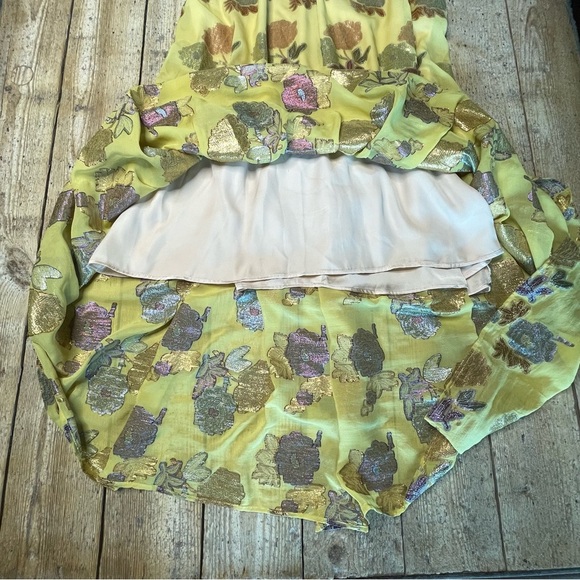 Delfi Collective Silk Shimmer Floral Drop Waist Midi Dress Yellow Medium - Picture 7 of 11